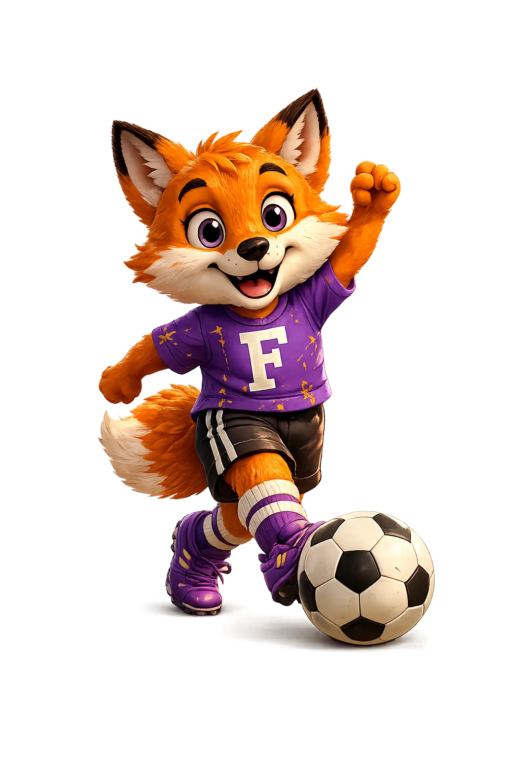 Fanni Fuchs: ein fröhlicher Fuchs im lila Trikot mit dem Buchstaben F und einem Fußball